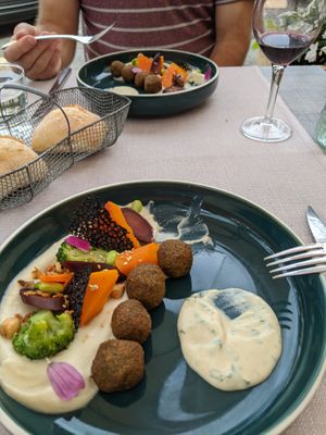 Vegan falafel with vegetables, horseradish sauce and hummus at La Couleuvrine in Sarlat-la-caneda