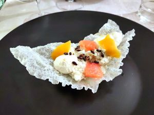 Dessert: milky rice and grapefruit at La Couleuvrine in Sarlat-la-caneda