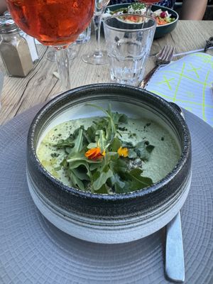 Vegan gazpacho starter  at La Couleuvrine in Sarlat-la-caneda