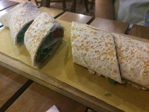 Rotolo with vegan tuna sauce, mayo, salad, cherry tomatoes, rucola at Stuzzicheria Romagnola in Cervia