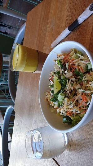 Almond lime tofu bowl with a turmeric ginger latte. at Kupfert & Kim - Spadina in Toronto