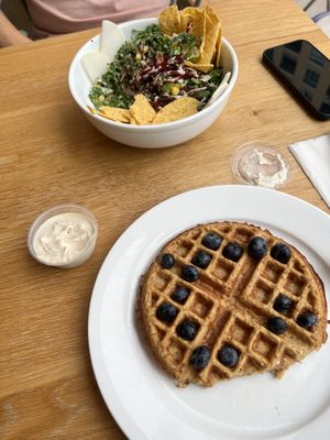 Savory waffle and Oaxaca bowl  at Kupfert & Kim - Spadina in Toronto