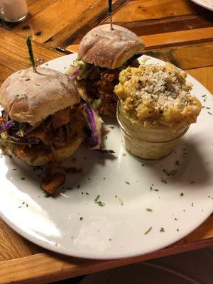 BBQ Jackfruit sliders with mac and cheeze side!! To die for! at Paisley Vegan Kitchen in Cocoa