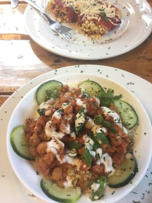 Lasagna Rollatini and Buffalo Chickpea Quinoa Bowl at Paisley Vegan Kitchen in Cocoa