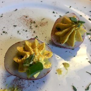 Vegan deviled eggs. The devil will make you do it. at Paisley Vegan Kitchen in Cocoa