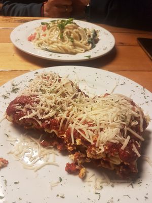 Lasagna and linguinis at Paisley Vegan Kitchen in Cocoa
