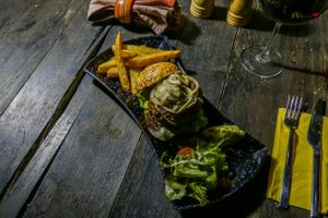 vegan burger with mushroom sauce at MASK Ethnic Fun in Antalya