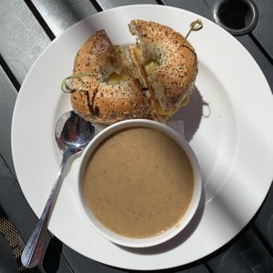 Just Egg Bagel with Side Soup at Plant Matter Kitchen in London