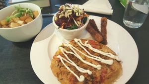 Spanish Omelette with Tempeh Bacon and Hash Browns.  So good! at Plant Matter Kitchen in London