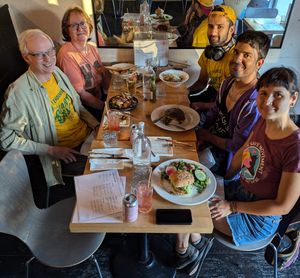Happy vegan activists at a late dinner seating at Plant Matter Kitchen in London