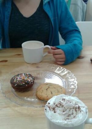 Confetti cookie, hot chocolate w/ almond milk, chai tea w/ almond milk and some other donutty thing  at Little Jo Berry's in Ottawa
