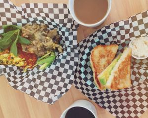 Breakfast plate and avocado grilled cheese at Little Jo Berry's in Ottawa