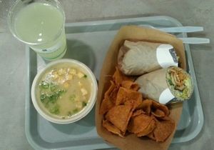 Miso soup & Saucy Tofu sushi burrito (& lemonade), all vegan at Yugo in Miami
