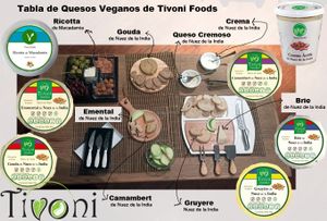 Complete vegan cheese platter from sort to hard in both consistency and flavor, cashew brie, gruyere, gouda, emmentaller, camembert, macadamia ricotta and more at Tivoni Foods in Mexico City