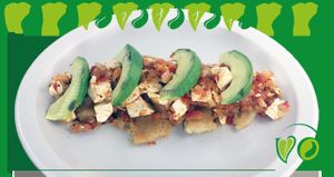 tofu scamble, prepared with Tivoni cashew gruyere, tomato, onion and avocado at Tivoni Foods in Mexico City