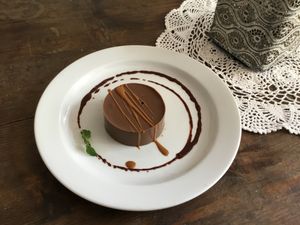 chocolate flan with hazelnut and dark chocolate sauce.   at Le Galoupio in Le Vigan
