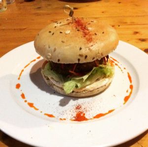 Delicious lentil and walnut burger.   at Le Galoupio in Le Vigan
