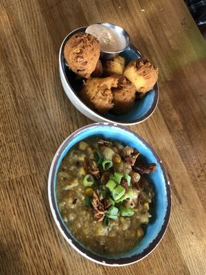 Hush puppies and corn chowder at Krimsey's Cajun Kitchen in North Hollywood