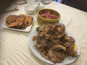 Deep fried oyster mushrooms, stuffed eggplant, beet dumplings  at Sun Bo Kong Vegetarian in Vancouver