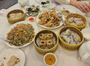 Fried rice, mushroom Shui Mai, Vegetable dumplings and deep fried mushrooms (tastes like Calamaris). at Sun Bo Kong Vegetarian in Vancouver