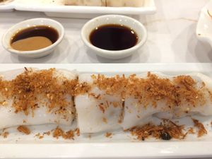 Imitation fish paste stuffed in Chinese donut wrapped in rice rolls at Sun Bo Kong Vegetarian in Vancouver
