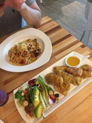 Fried tempeh, tomato and cheese spaghetti . at Le Jardin du Petit Prince in Taichung