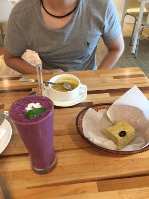 Blueberry Soy yoghurt drink, soup, and homemade bread. at Le Jardin du Petit Prince in Taichung