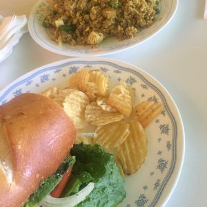 yummy sandwich and curry rice at Loving Hut in Fresno