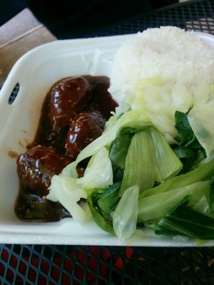 BBQ sensation; BBQ 'wings' with rice, bok choy at Loving Hut in Fresno