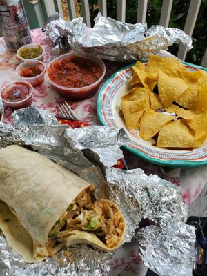 Thai Burrito with tortilla chips and salsa at Elmyriachi in Atlanta