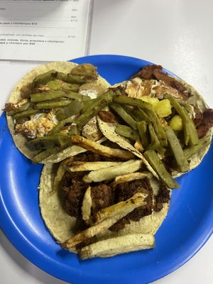 Tacos de pastor, milanesa y birria con nopales/ papas/ queso de Oaxaca   at A Darle Que es Taco Vegano - Churubusco in Mexico City
