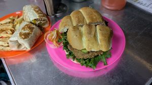 Burrito alambre and torta milanesa at A Darle Que es Taco Vegano - Churubusco in Mexico City