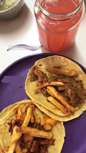 agua del día (fresa), taco de pastor de trigo y taco de arrachera de soya. at A Darle Que es Taco Vegano - Churubusco in Mexico City