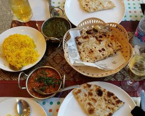 palak, eggplant curry, potato naan with yellow basmati rice  at Shahbaba Indian Restaurant in Phuket