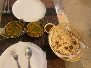 Channa Masala, eggplant bharta and roti at Shahbaba Indian Restaurant in Phuket