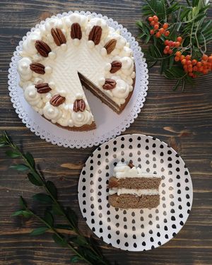 Coffee cake with vanilla cream and pecans at MoMo Veg Cafe  in Prague