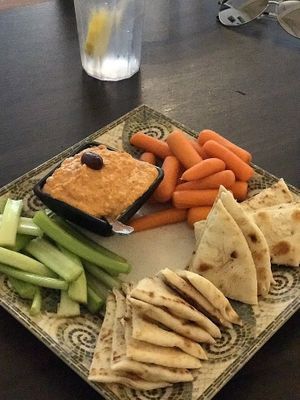 Red Pepper Hummus Plate - with warm pita, carrots & celery. at Alexander's Greek Cuisine in Roseburg