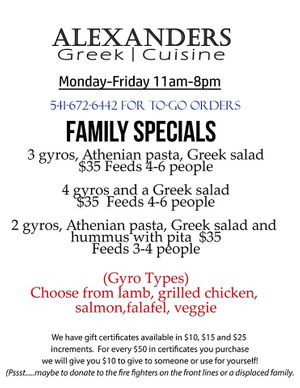 Specials at Alexander's Greek Cuisine in Roseburg