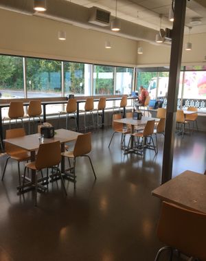 Indoor dining area. There is also a small outside dining area (seasonal) at Lakewinds Food Co-op in Richfield