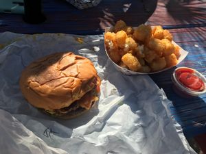 Bac'n cheezeburger and tater tots at Arlo's Food Truck - Spider House Cafe in Austin