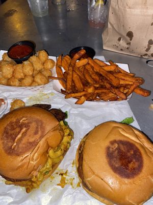 Bac’n Cheezeburger with tots & jalapeño chik’n with sweet potatoes  at Arlo's Food Truck - Spider House Cafe in Austin