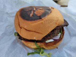 The burger was better than it looks here at Arlo's Food Truck - Spider House Cafe in Austin