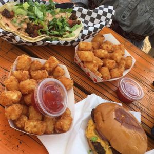 street tacos & bacon cheeseburger at Arlo's Food Truck - Spider House Cafe in Austin