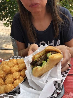 Tots and bacon burger  at Arlo's Food Truck - Spider House Cafe in Austin