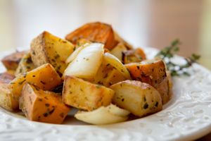 Red, Yukon Gold, Idaho and Sweet potatoes are roasted with white onions along with a savory mix of herbs & pepper. The skins are left on to amp up the healthy goodness. at Fred and Ricky's Plant Delicious Foods - Westport in Maryland Heights