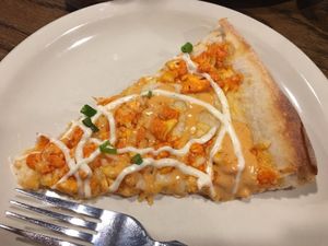 Buffalo cauliflower pizza drizzled with vegan ranch dressing - DIVINE!! at Mozzarella Fellas in Winston-salem