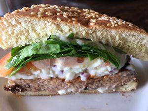 Vegan crabcake sandwich at Mozzarella Fellas in Winston-salem