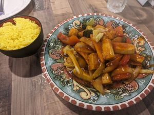 Sweet and sour tofu stir fry, coconut rice at Cafe Thailand in Cairns