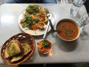 lentil soup with garlic bread, cheese warm salad  at St. Agnes Kafé in Gothenburg
