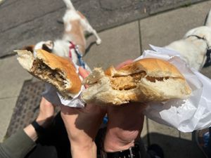 Haggis and sausage in a bun at Breakfast Brunch and Lunch in Edinburgh